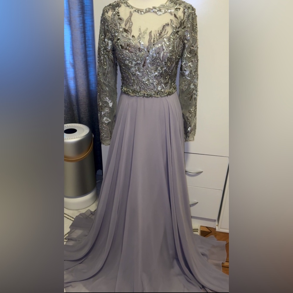 NWT $798 MAC DUGGAL EMBROIDERED ILLUSION LONG SLEEVE GOWN DRESS MIST EXCLUSIVE